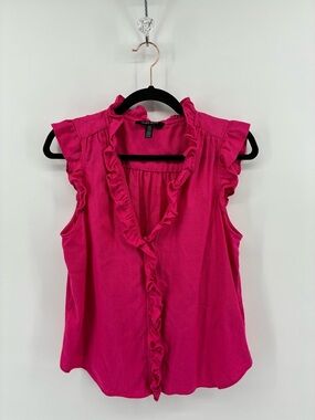 Ellen Tracy Linen Blend Fuchsia Ruffle Sleeveless Blouse Button Up